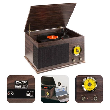 Gramofon z głośnikami Vintage USB, BT, FM ciemne drewno RP173  Fenton
