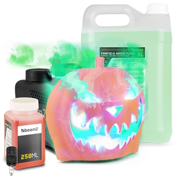 Zestaw Imprezowy: Maszyna do dymu LED z głową dyni na imprezy tematyczne + płyn do dymu 5l