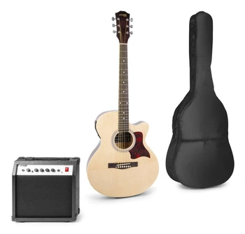 Gitara elektroakustyczna naturalna z akcesoriami w zestawie.