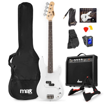 Zestaw; Gitara elektryczna basowa GigKit biała+ wzmacniacz statyw akcesoria