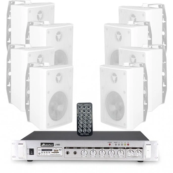 Zestaw białych głośników naściennych 8x 4'' z 2-strefowym  wzmacniaczem