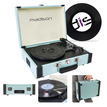 Gramofon w walizce MAD-RETROCASE-BLU Madison BT USB SD niebieski+ winyl gratis